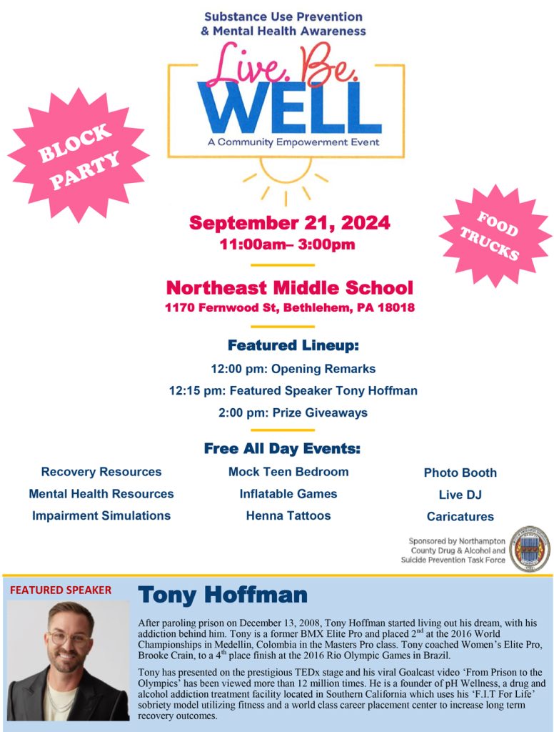 Join us for the Live Well Be Well block party at Northeast Middle School. September 21. 11am–3pm